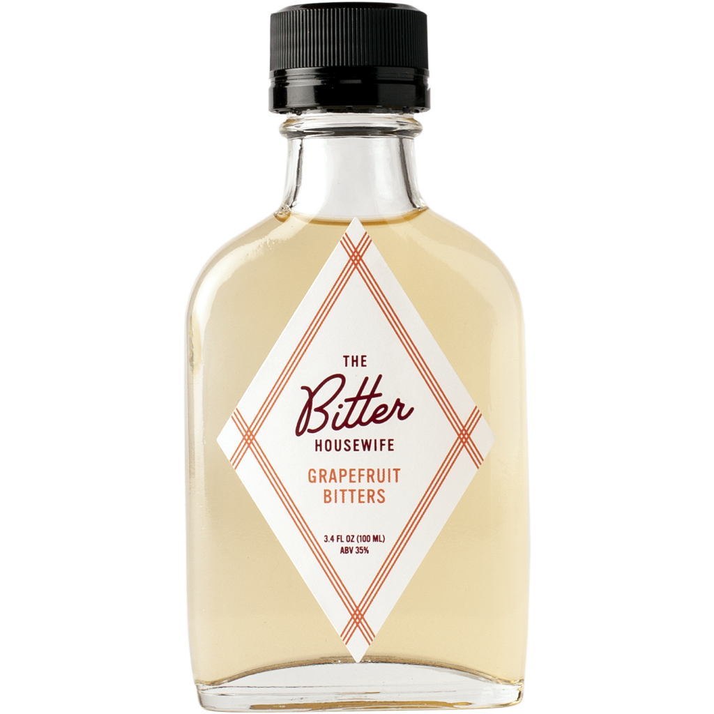 The front of a bottle of The Bitter Housewife Grapefruit Cocktail Bitters