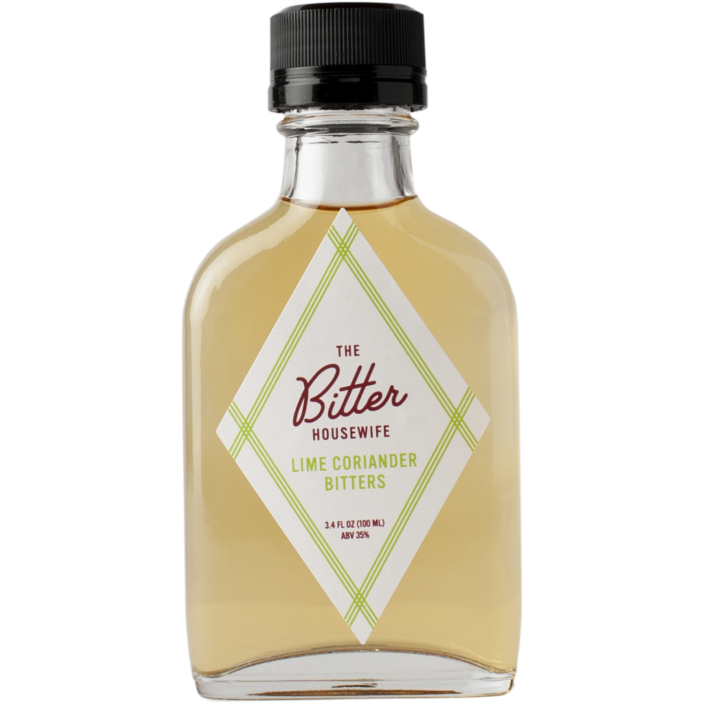 The front of a bottle of The Bitter Housewife Lime Coriander Cocktail Bitters