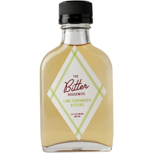 The front of a bottle of The Bitter Housewife Lime Coriander Cocktail Bitters